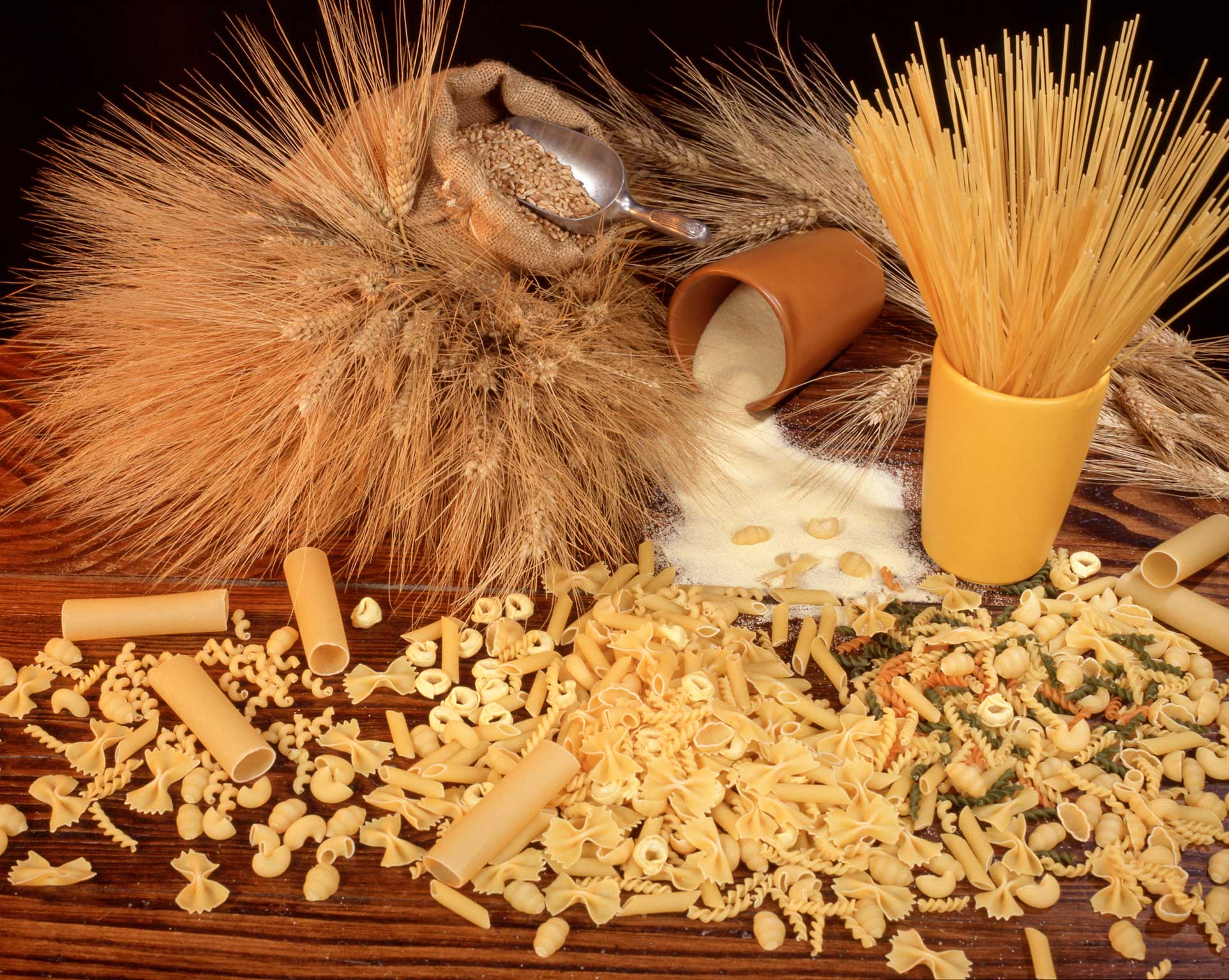 Photograph of durum wheat and products made from durum wheat. The photo shows a variety of pasta strewn in the foreground. In the background are, from left to right, a bundle of wheat ears, wheat grains in a scoop sitting on a burlap sack, a brown container on its side with flour spilling out, and a yellow container standing upright with dry spaghetti noodles in it.