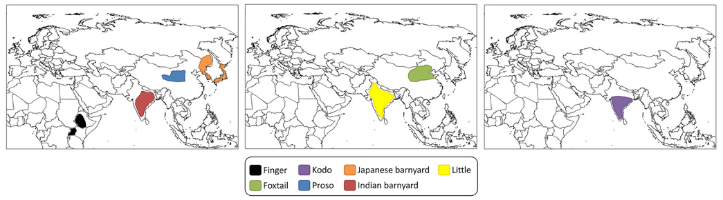 Maps showing the areas of domestication of some millets. Each map shows most of Eurasia and northern Africa. Map 1: Finger millet originated in Ethiopia and Uganda, Indian barnyard millet originated in India, Proso millet originated in northern China, and Japanese barnyard millet originated in Japan and adjacent mainland Asia. Map 2: Little millet originated in India and foxtail millet originated in northern China. Map 3: Kodo millet originated in India.