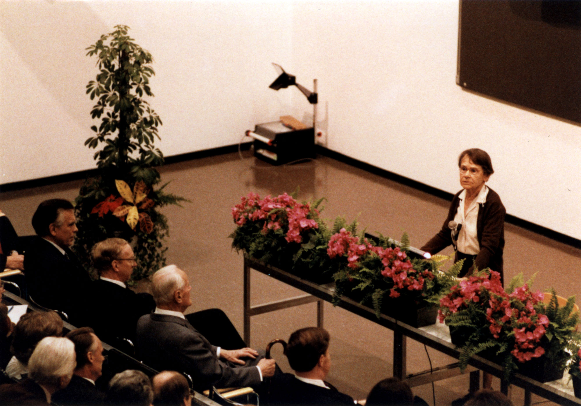 Photograph of Barbara McClintock giving her Nobel lecture. The photo shows a woman standing at a long table with flowers at the front of a lecture hall. Men in suits sit facing her.