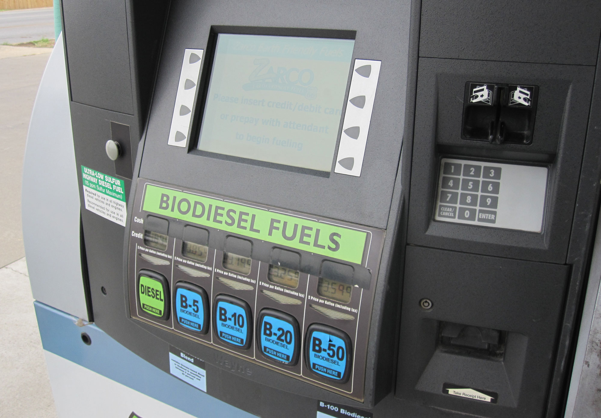 Photograph of a fuel pump that dispenses biodiesel fuels. The buttons on the pump say "diesel,", "B-5," "B-10," "B-20," and "B-50."
