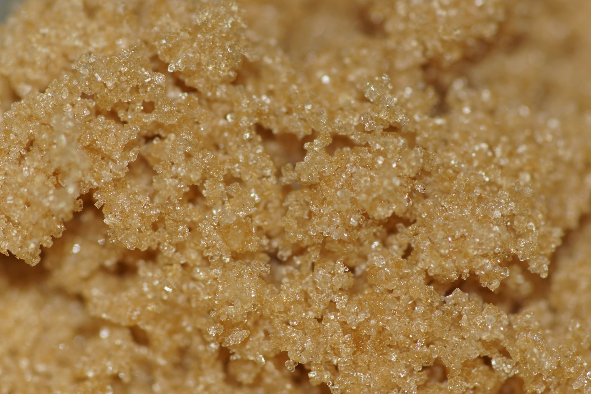 Photograph of brown sugar. The photo shows a detail of light brown sugar crystals.