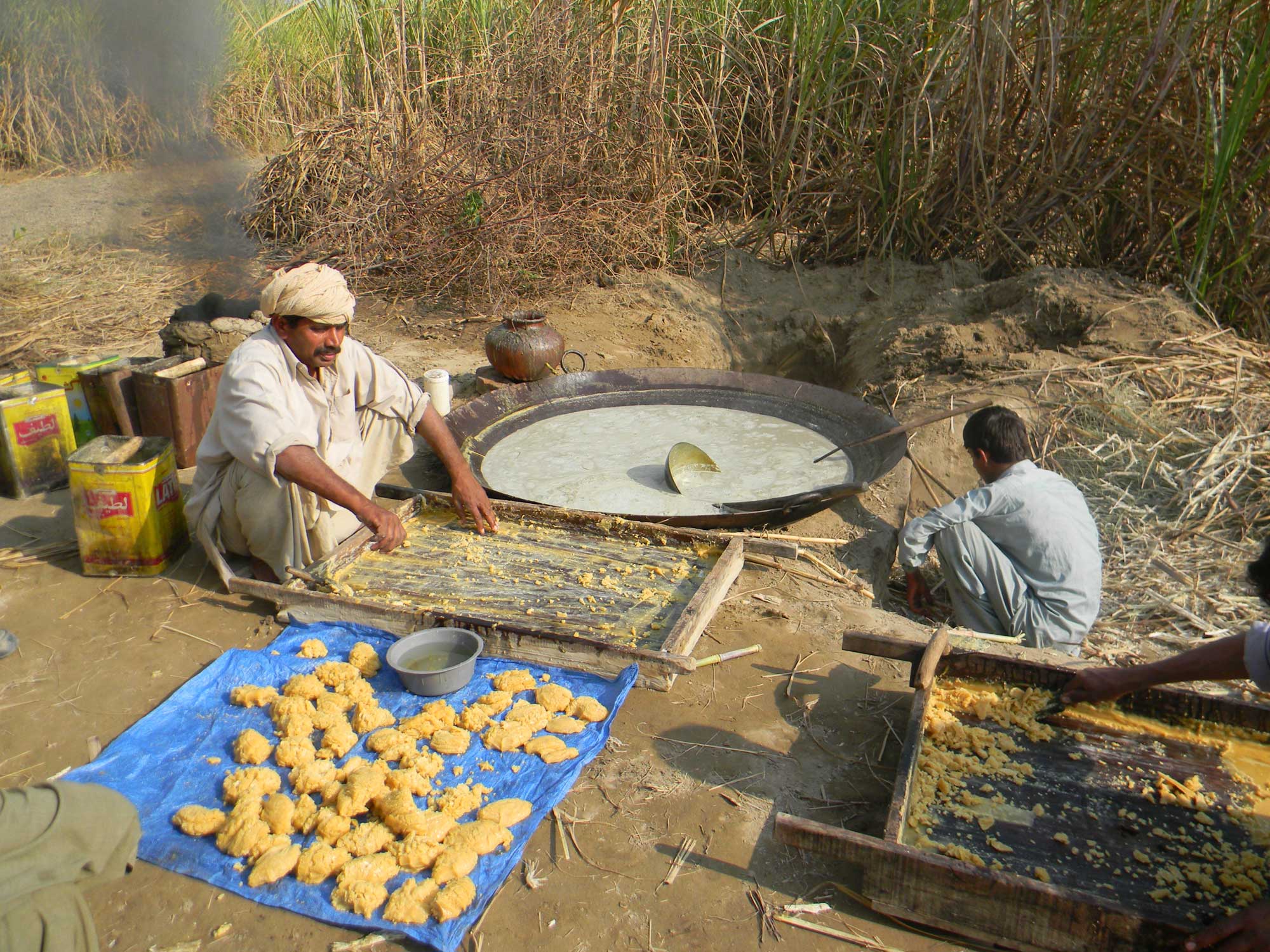 Photograph of a man and a boy producing jaggery in Punjab, Pakistan. The photo shows a man squatting on the ground in front of a large jaggery mold. In the background, a pan of cooking cane juice with a ladle resting in it can be seen. In the foreground, lumps of jaggery sit on a blue tarp. 