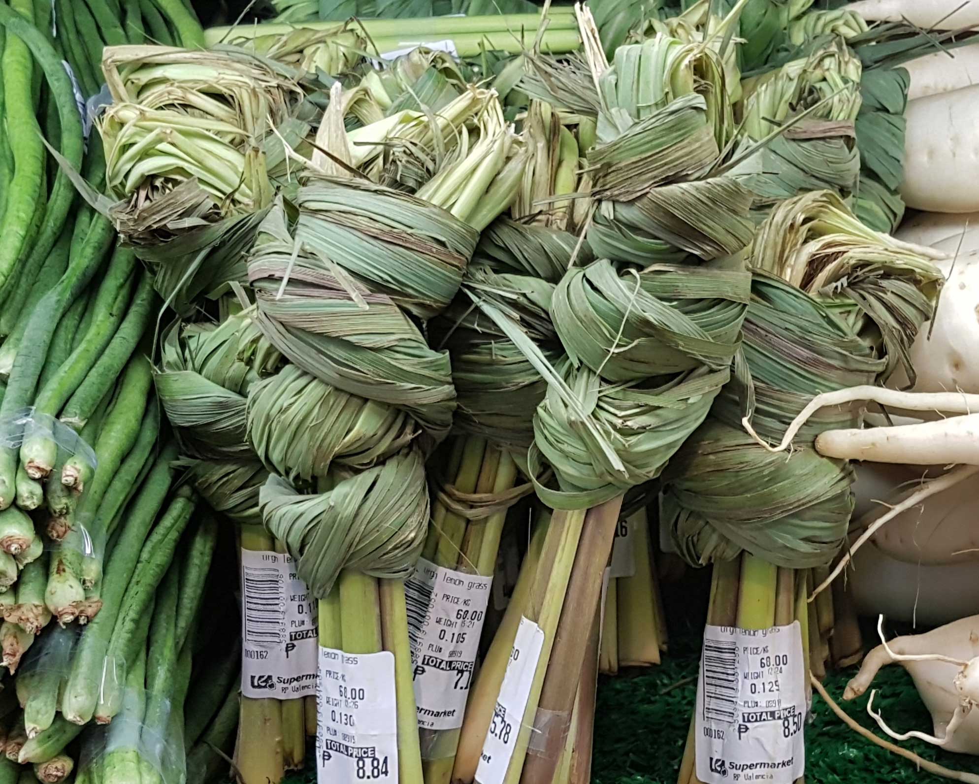 Photograph of lemongrass for sale at a supermarket in the Philippines. The photo shows bundles of lemongrass standing upright, each with a knotted top. Labels on the sides of the bundles give the prices.