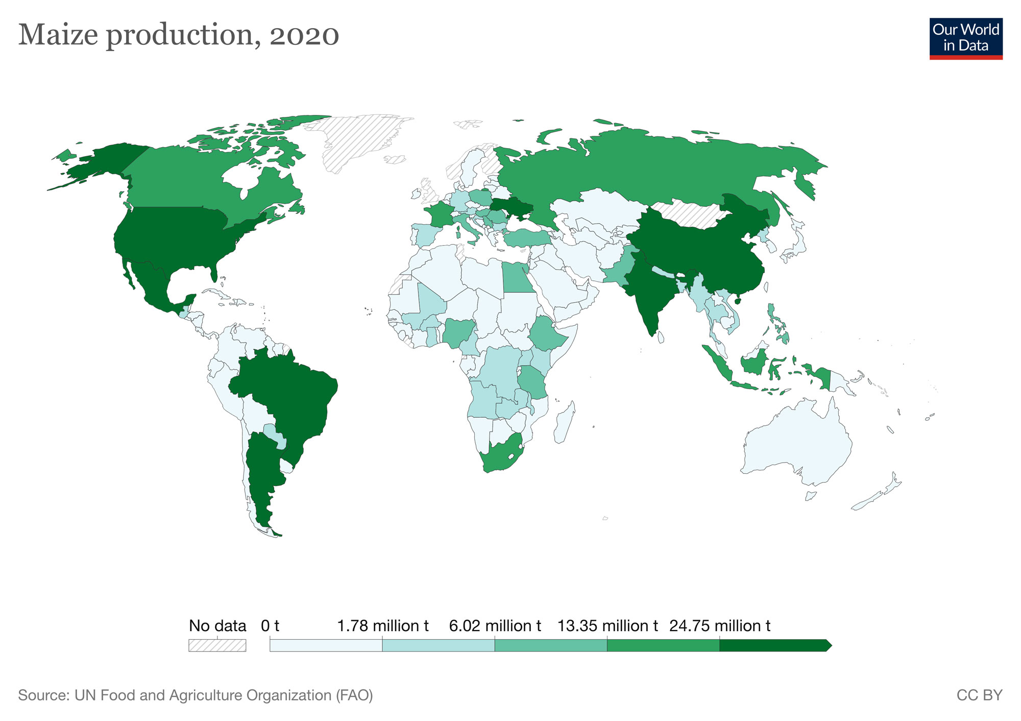 World map showing maize production in 2020. Countries are shaded lighter green to indicate less production, darker green to indicate more production. The top producers (dark green countries) are the U.S.A., Mexico, Argentina, Brazil, Ukraine, India, and China.