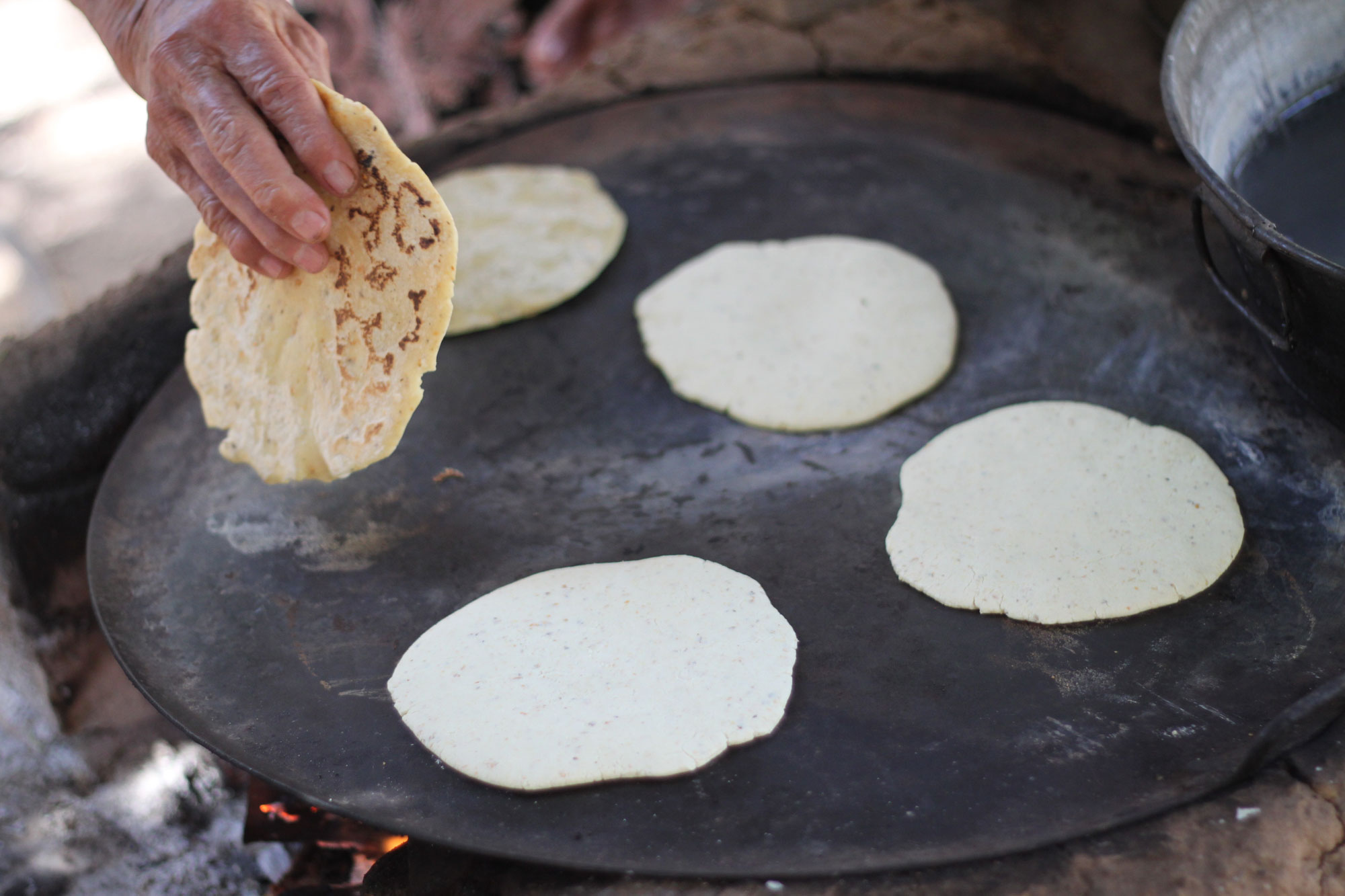 Photograph of tortillas being prepared. The photo shows a flat grill sitting on a fire, with five tortillas sitting on the grill. A person is picking up one of the tortillas, which has been slightly browned on the visible side.
