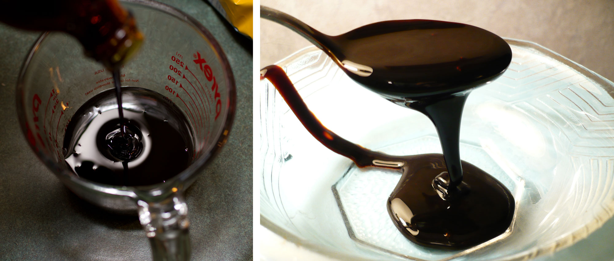 2-panel image showing molasses, which is a thick, dark brown syrup. Panel 1: Photograph of molasses being poured from a bottle into a glass measuring cut. Panel 2: Photograph of a spoonful of molasses, with molasses drizzling into a glass bowl below.