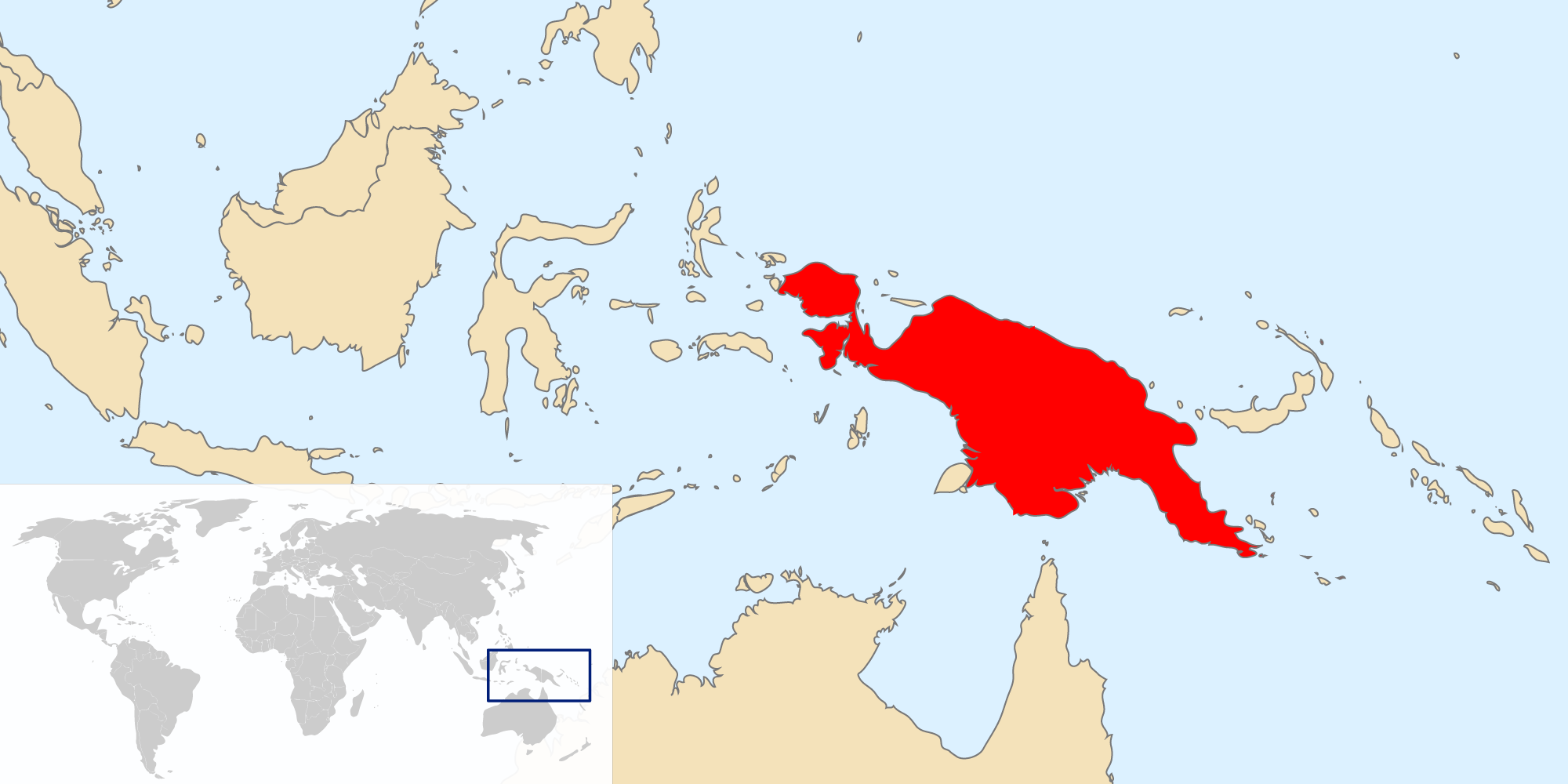 Map showing the location of the island of New Guinea, which is a large island north of Australia.