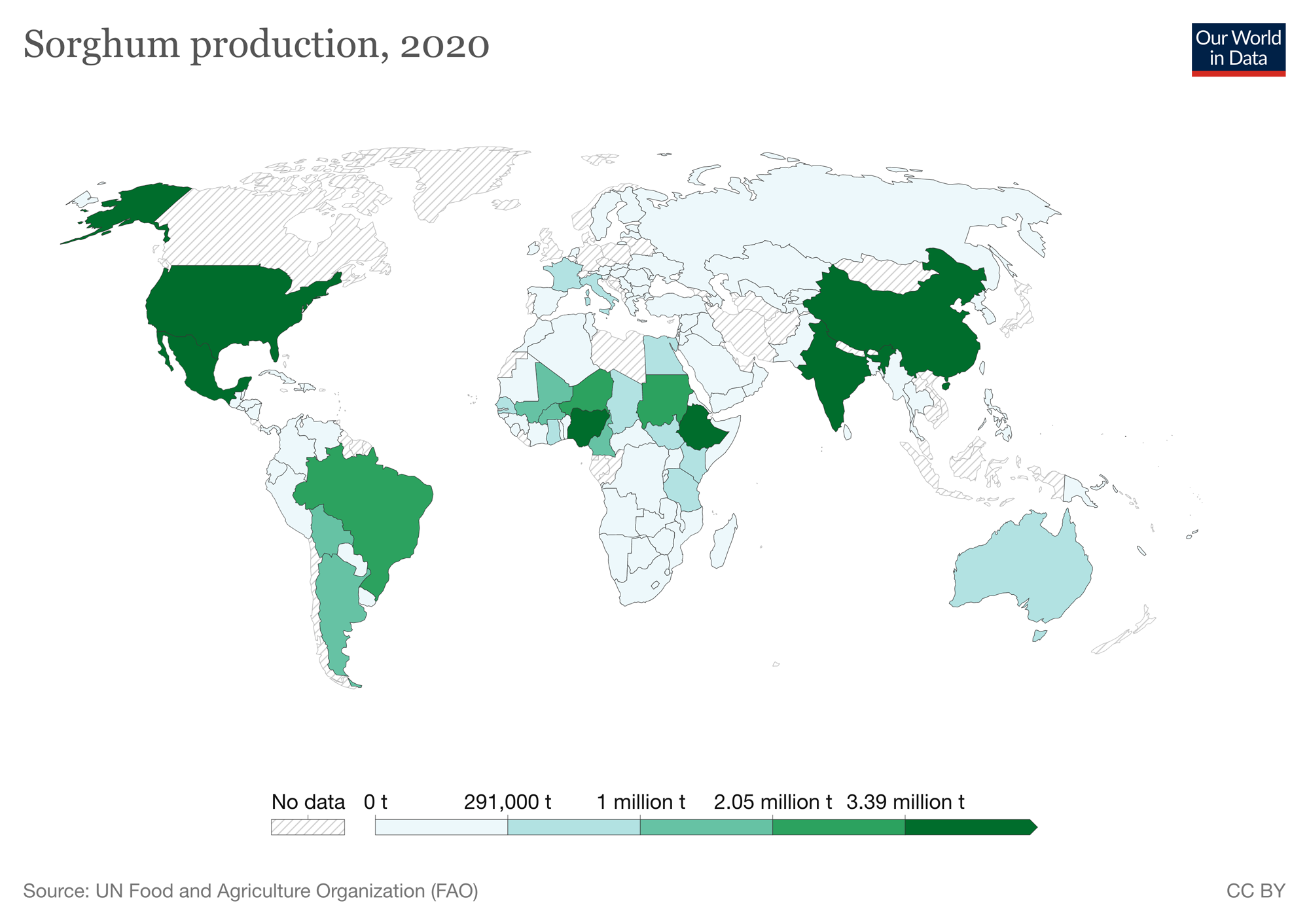 World map showing sorghum production in 2020. Countries are shaded lighter green to indicate less production, darker green to indicate more production. The top producers (dark green countries) are the U.S.A., Mexico, Nigeria, Ethiopia, India, and China.