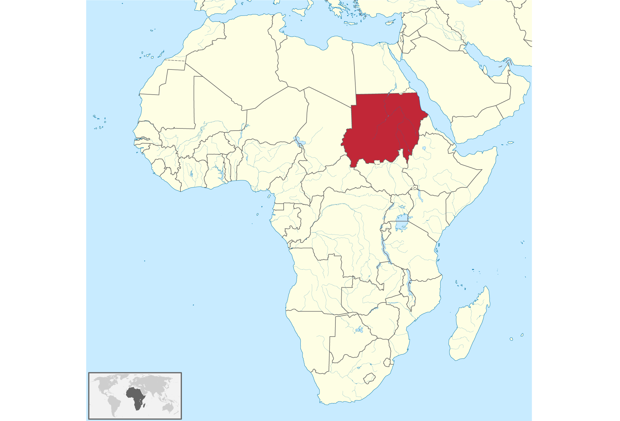 Map of Africa showing the location of Sudan, which is shaded red. Sudan occurs in northeastern Africa, immediately south Egypt. Its northeast border is on the Red Sea, and Eritrea and Ethiopia are also roughly to the east. South Sudan is to the south, and the Central African Republic, Chad, and Libya are roughly to the west.