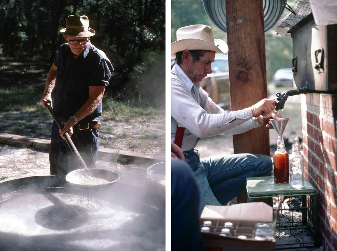 2-panel image showing photographs of sugarcane syrup making in Florida. Panel 1: A man using a large ladle to skim scum off the top of cooking sugarcane juice in a kettle. Panel 2: A man filling a glass bottle with cane syrup from a metal container. The syrup is medium brown in color.