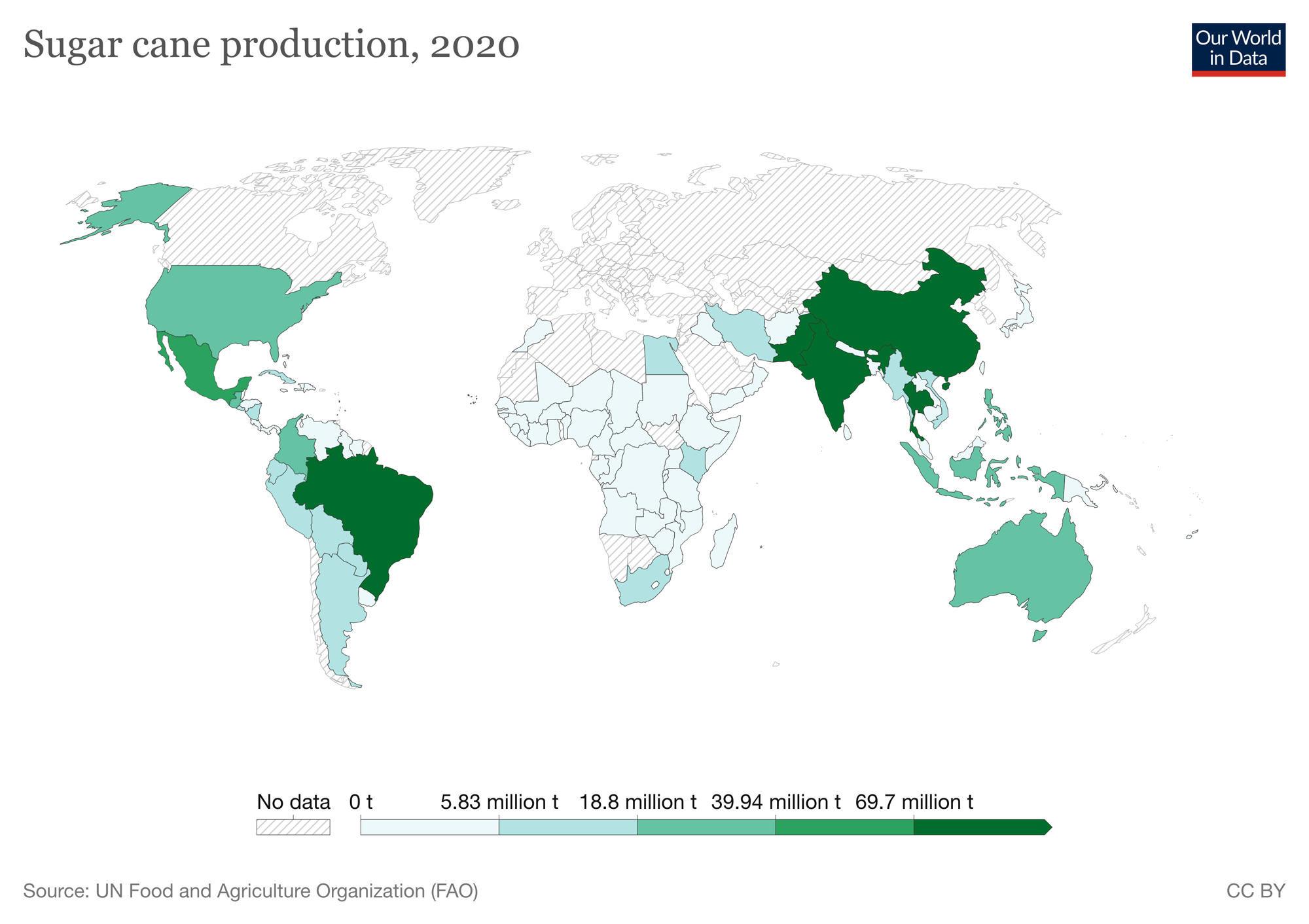 World map shaded in various intensities of green by country to indicate the amount of sugarcane produced in 2020. The darkest countries on the map are Brazil, India, Pakistan, China, and Thailand, which each produced at least 69.7 million tons of sugarcane.