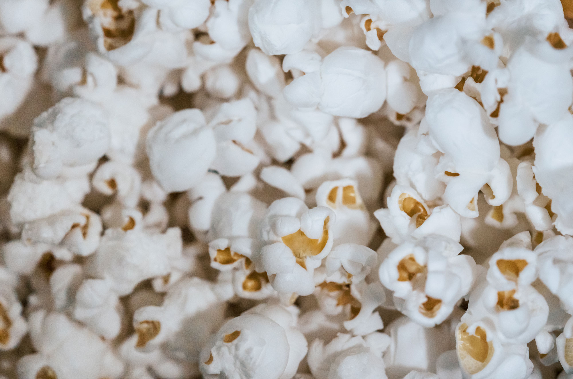 Photograph of popped popcorn kernels. The photo shows popped, white popcorn kernels.