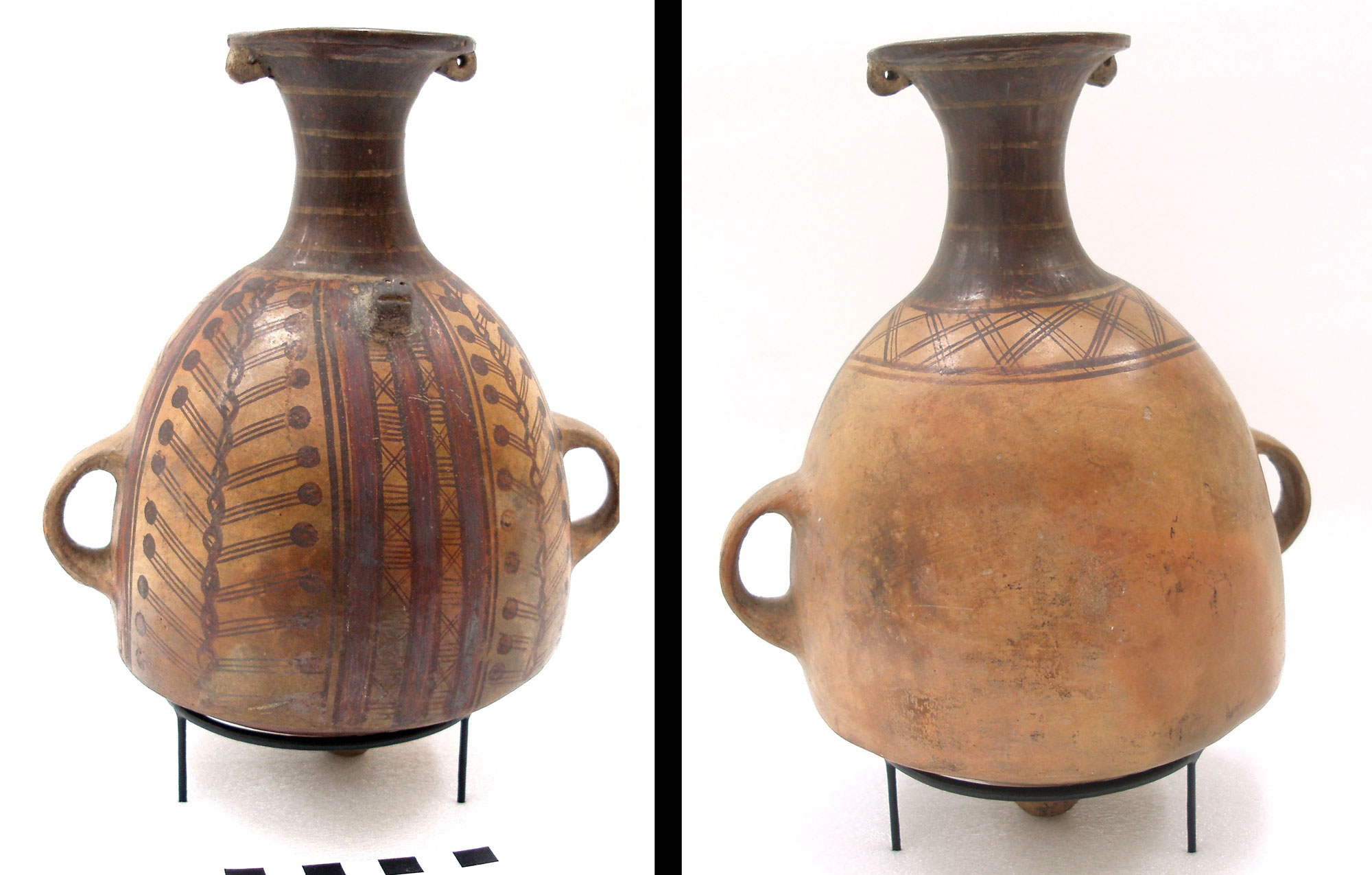 2-Panel figure showing two aryballos, ceramic vessels for holding chicha or other drinks or foods. The vessels each have a flared neck and ovate vase with two side handles. One vase is highly decorated with abstract designs, whereas the other has minimal decoration.