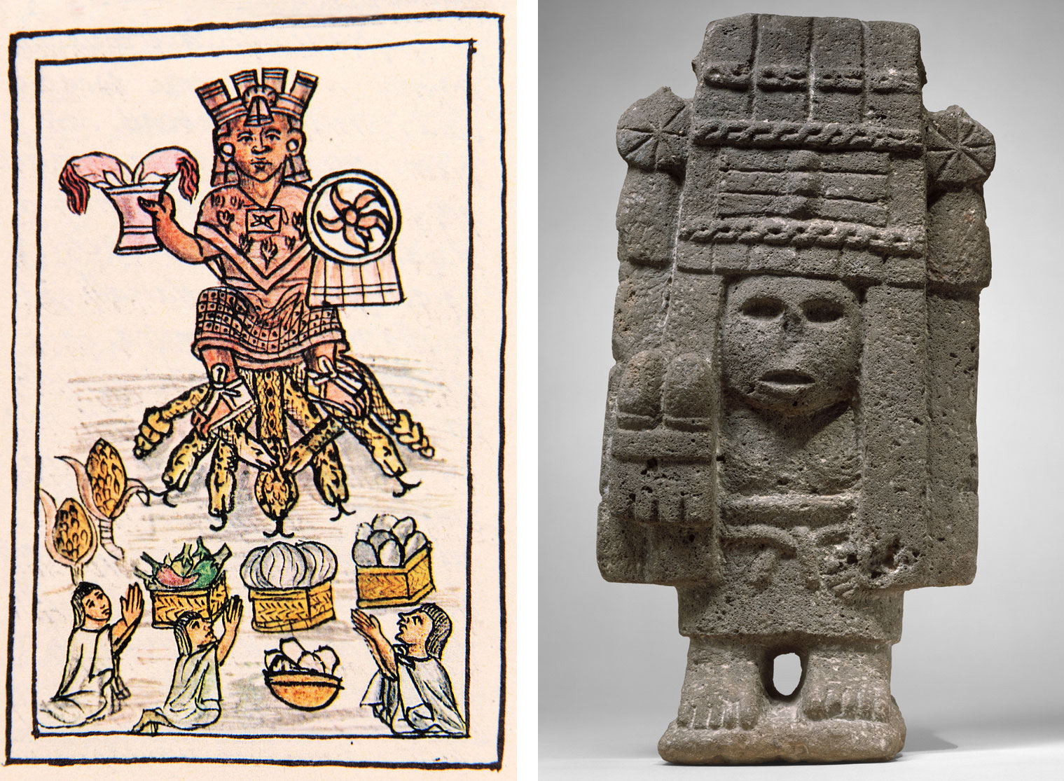 2-Panel images of the Aztec maize goddess Chicomecóatl or Seven Snake. Panel 1: Drawing of Chicomecóatl from the Florentine Codex. The drawing shows Chicomecóatl holding an urn with two ears of maize in her right hand and a shield in her left hand. She is sitting on seven snakes and people kneel in front of her and offer her food. Panel 2: A stone figure of Chicomecóatl wearing a rectangular headdress and holding two ears of maize in her right hand.