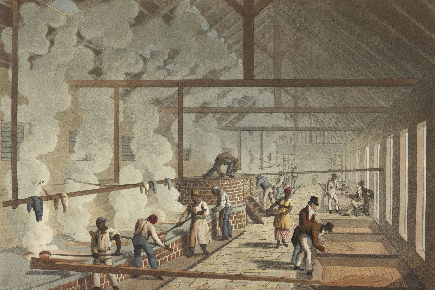Illustration of a boiling house on Antigua in the early 1800's. On the left, enslaved Black people can be seen boiling cane juice in coppers, or open pans. On the right, white men (possibly overseers) are examining solidifying raw sugar, or muscovado. Other people can be seen working or talking in the background.