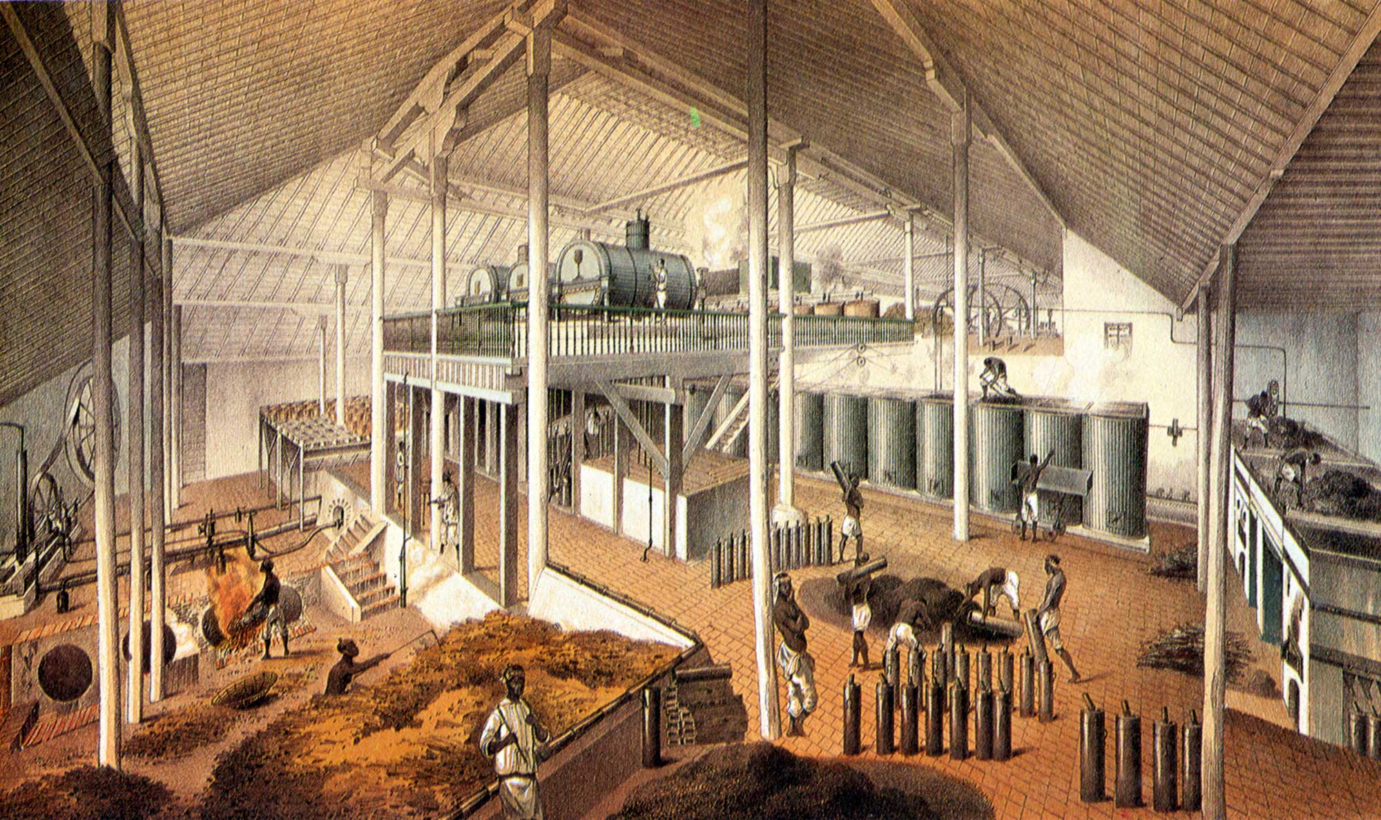Illustration of a boiling house on Cuba from around 1857. This illustration shows the interior of a building. The building has enclosed boilers and evaporators for processing sugar in the background. In the foreground, piles of bagasse can be seen. Enslaved black laborers can be seen at various places in the sugar mill, doing work.