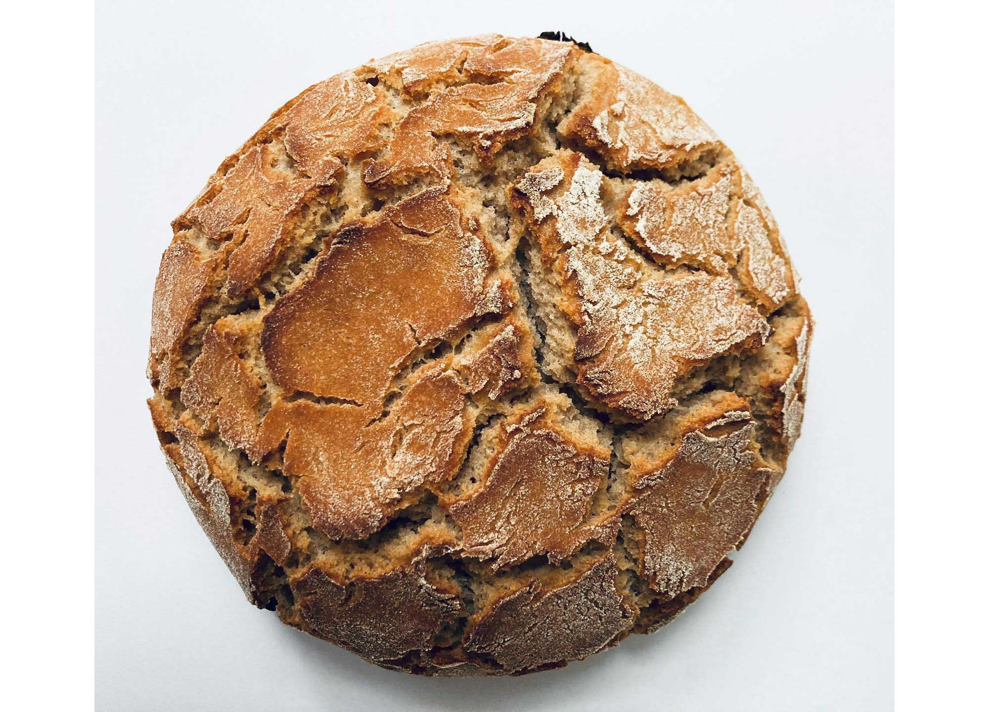 Photograph of cornbread from the Iberian Peninsula. The photo shows a round loaf of bread from above. The bread has a cracked brown crust.