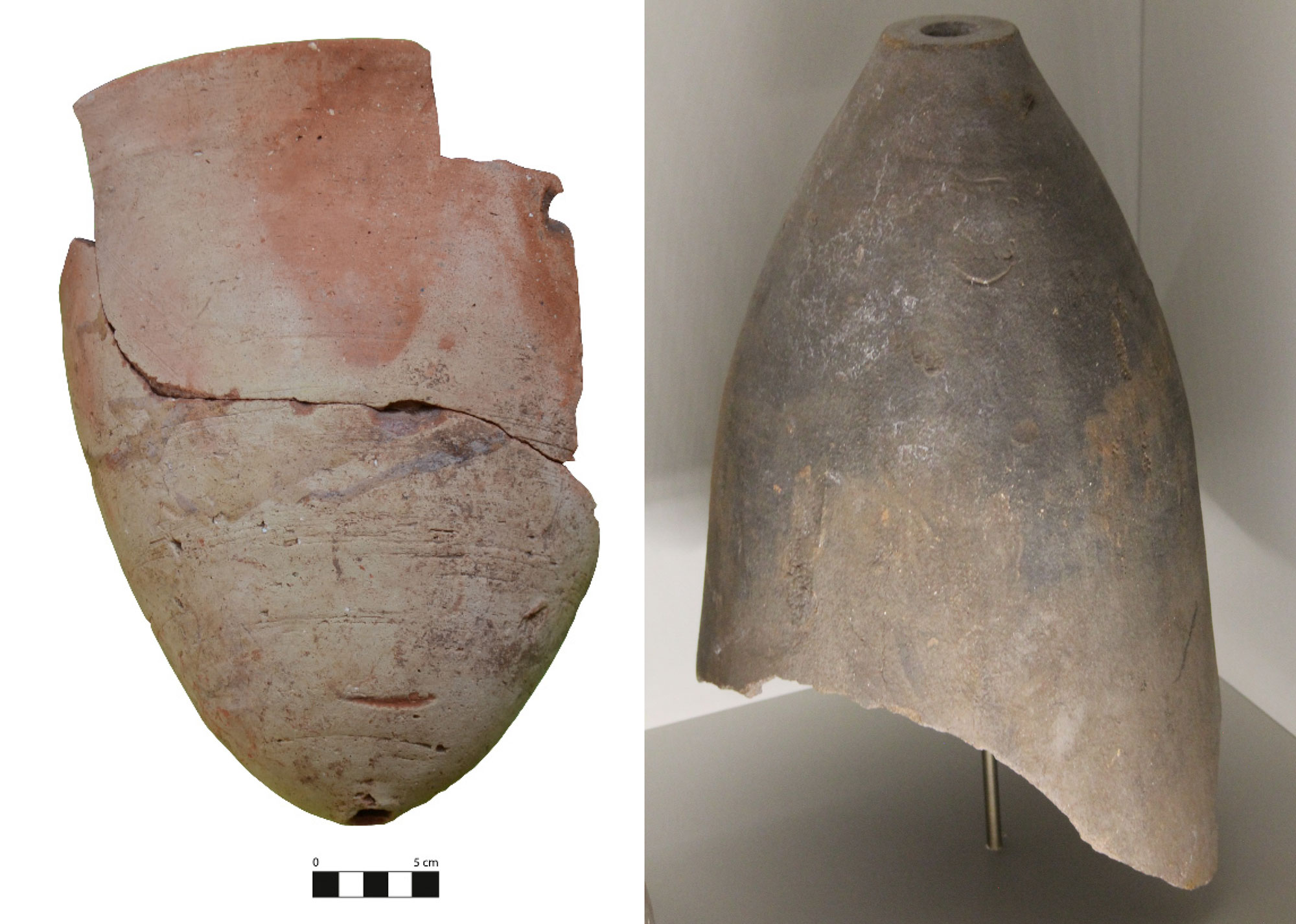 2-panel image showing photos of sugar cones used for making sugar loaves. Panel 1: A ceramic cone dating to the late 1200s or earlier from Sicily. The cone has hole at the bottom. Panel 2: A similar cone from the 1800s of France. In this case, the cone is oriented with the hole pointing upward.