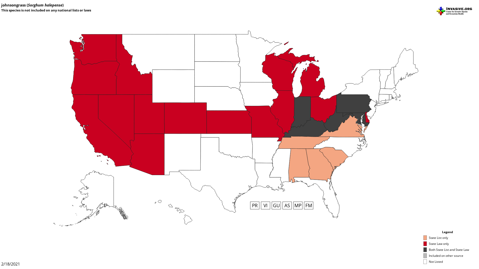 Map showing the United States with states colored to indicate whether Johnsongrass is listed as invasive. Johnsongrass is considered invasive in California, Washington, Oregon, Idaho, Nevada, Utah, Arizona, Colorado, Kansas, Missuouri, Illinois, Wisconsin, Michigan, Ohio, and Delaware by State Law only (shaded red). It is considered invasive in Indiana, Kentucky, West Virginia, Pennsylvania, and Maryland by both state law and state list (states shaded dark gray). It is considered invasive in Virginia, Tennessee, Alabama, Georgia, and South Carolina by state list only (states shaded pink). In other states, it is not listed (states not shaded).