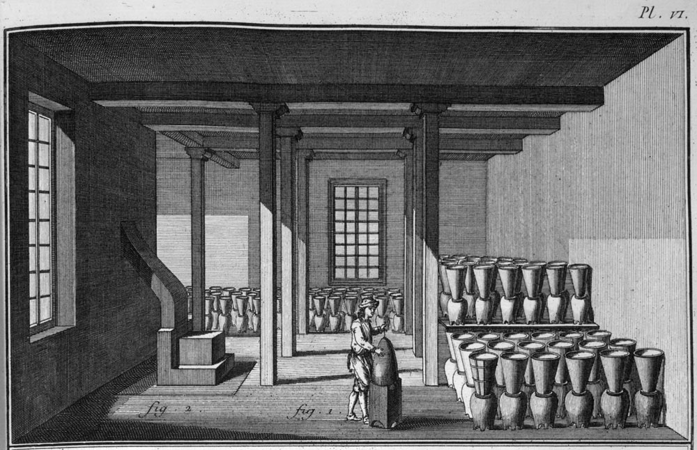 Illustration of a sugar refinery, possibly in the French Caribbean, from 1762. In this illustration, sugar is being refined. The sugar loaves are in upside-down, cone-shaped pots, which each have a hole in the bottom. Each cone-shaped pot is set with the narrow end down in another pot. The molasses would drip out of the cone-shaped pot into the round pot beneath it to make a purer sugar.