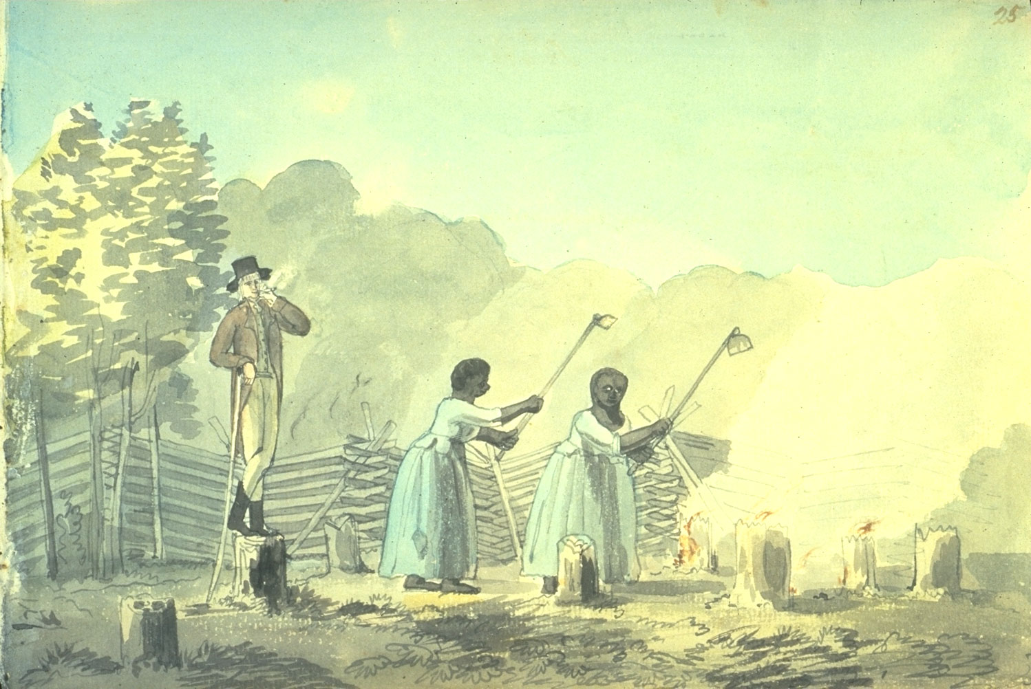 Watercolor illustration of enslaved women working in a tobacco field from 1798. The illustration shows two Black women wearing light blue dresses and holding hoes. The are in a field full of stumps. A white man with a whip or switch stands on one of the stumps with his legs crossed, watching over the women. A fence and trees can be seen in the background.