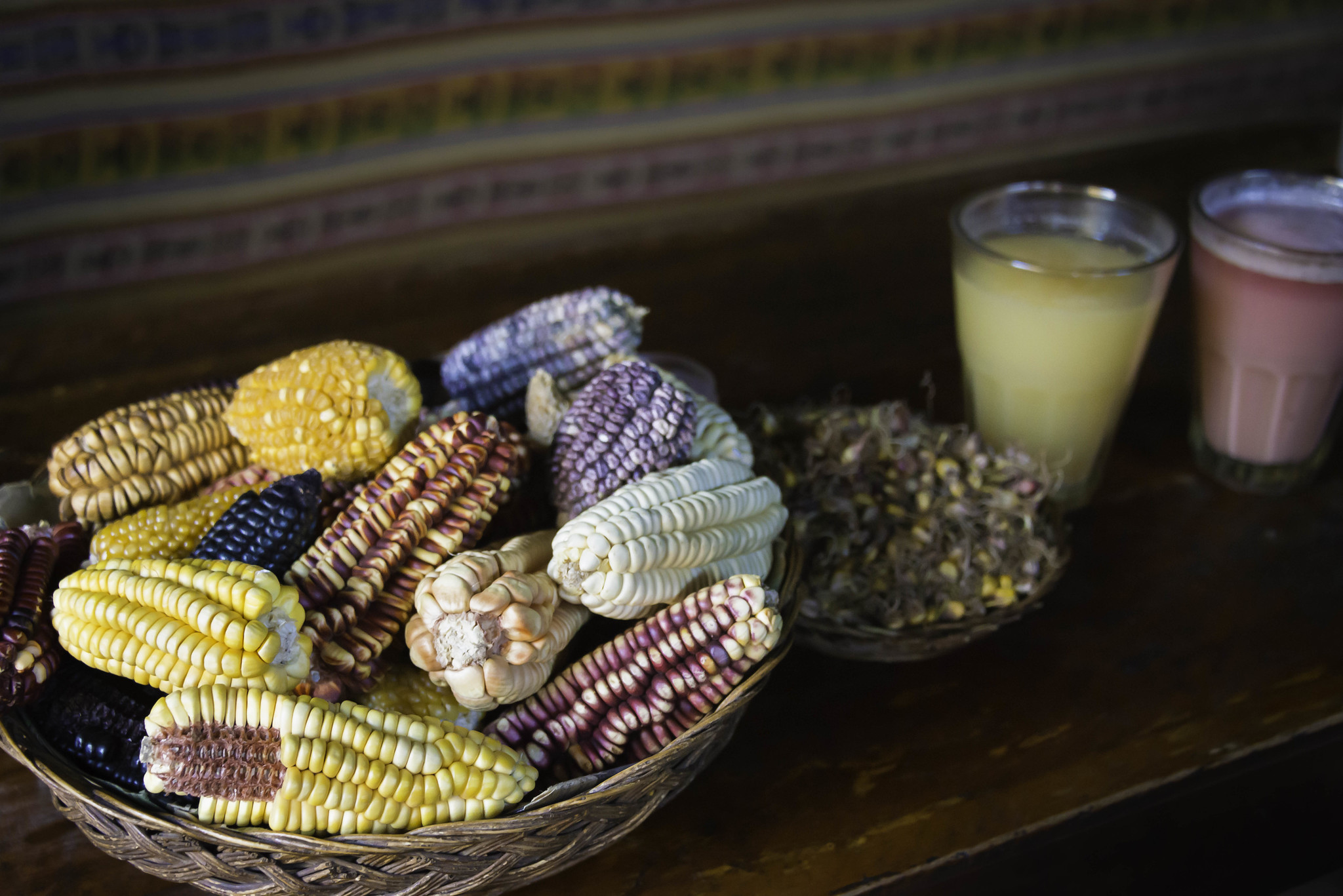 A table with a basket of corn on the cob at the forefront, a bowl of malted corn kernels behind the basket, and drinks behind the bowl. The drinks are chicha; one is light yellow and one is light pink.
