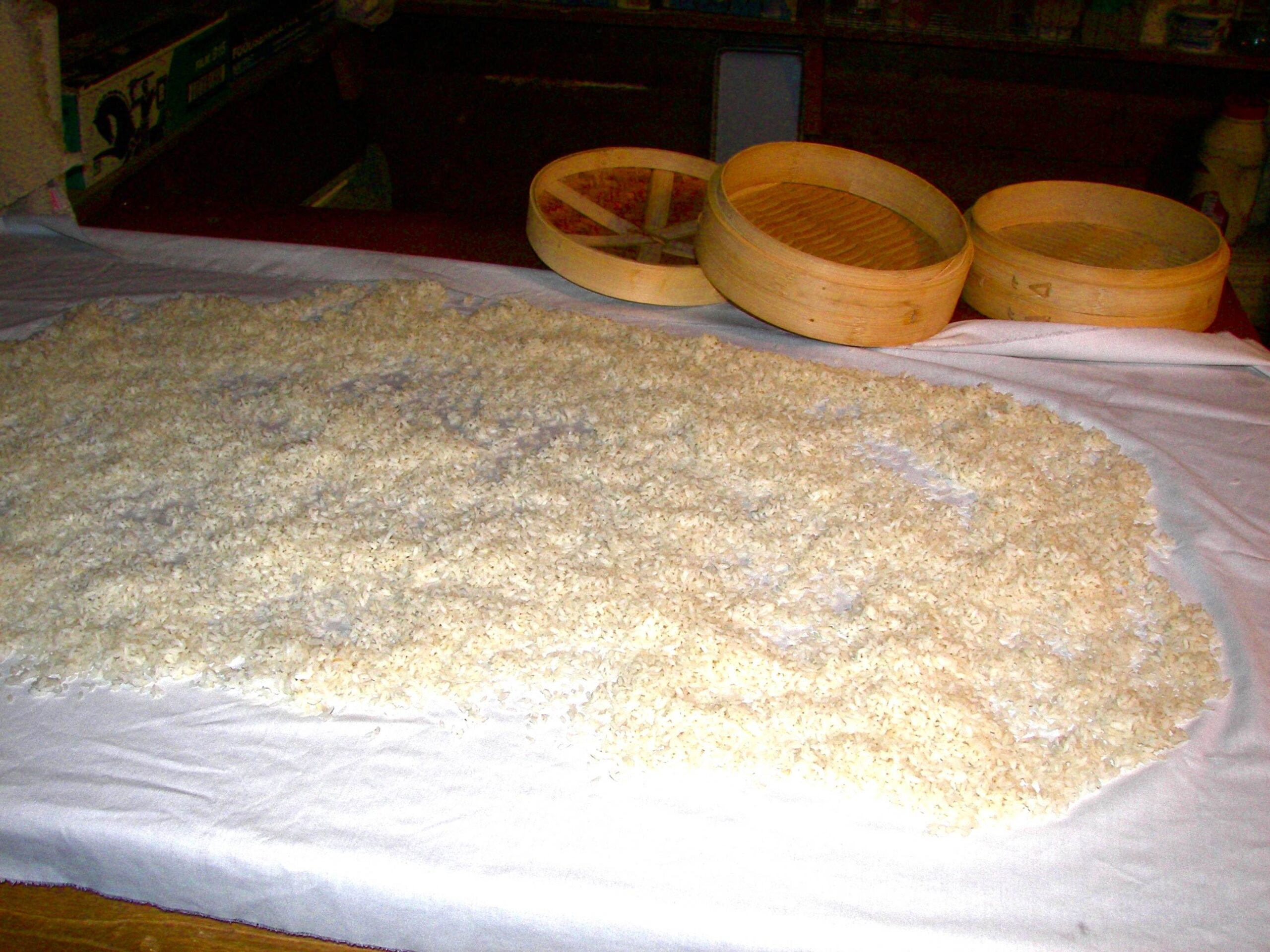 Photograph of sake rice grains spread out on a white cloth to be cooled during the sake brewing process.