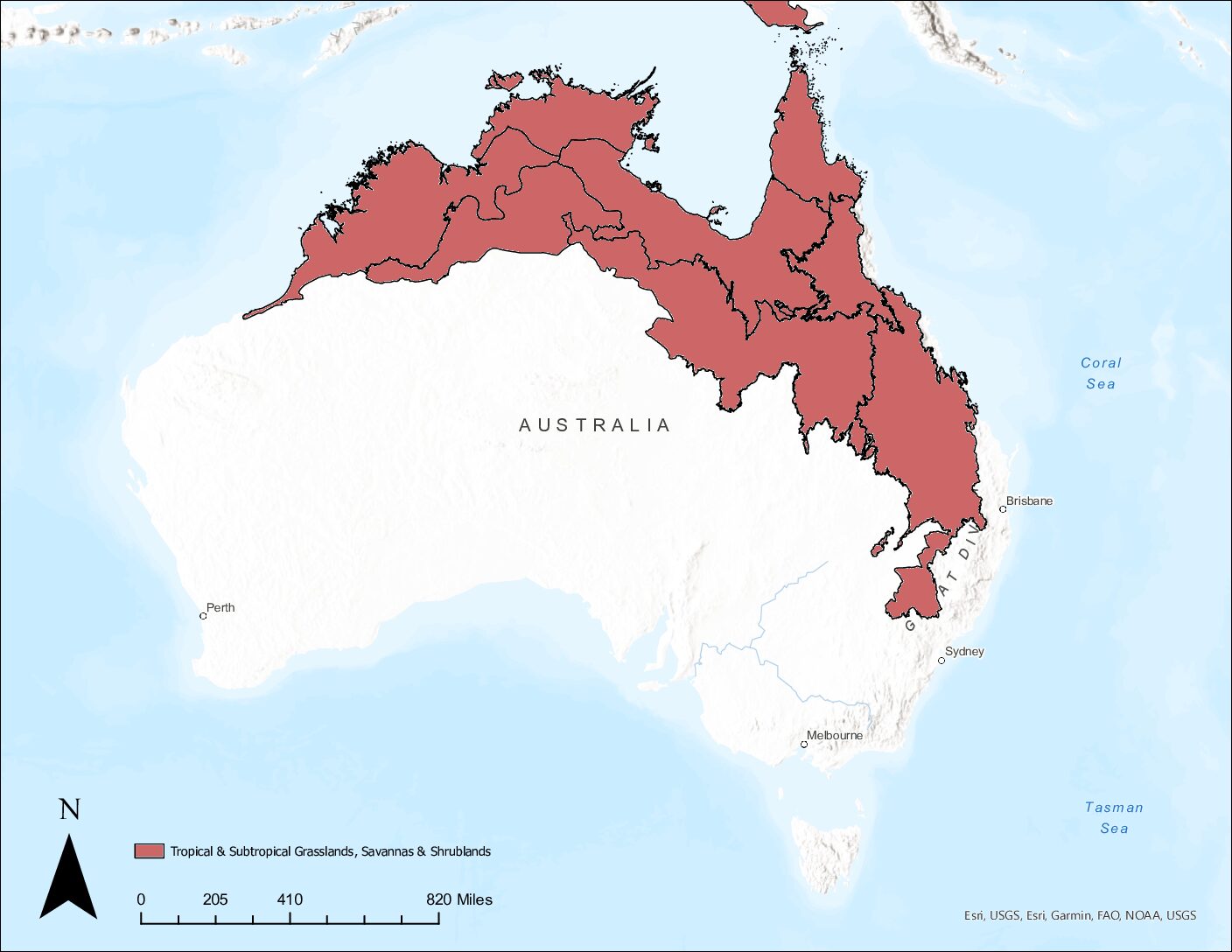 Map showing the distribution of grasslands in Australia; tropical and subtropical grasslands, savannas, and shrublands are shaded pink. Grasslands extend over much of the northern part of Australia and midway down the eastern side near the coast.