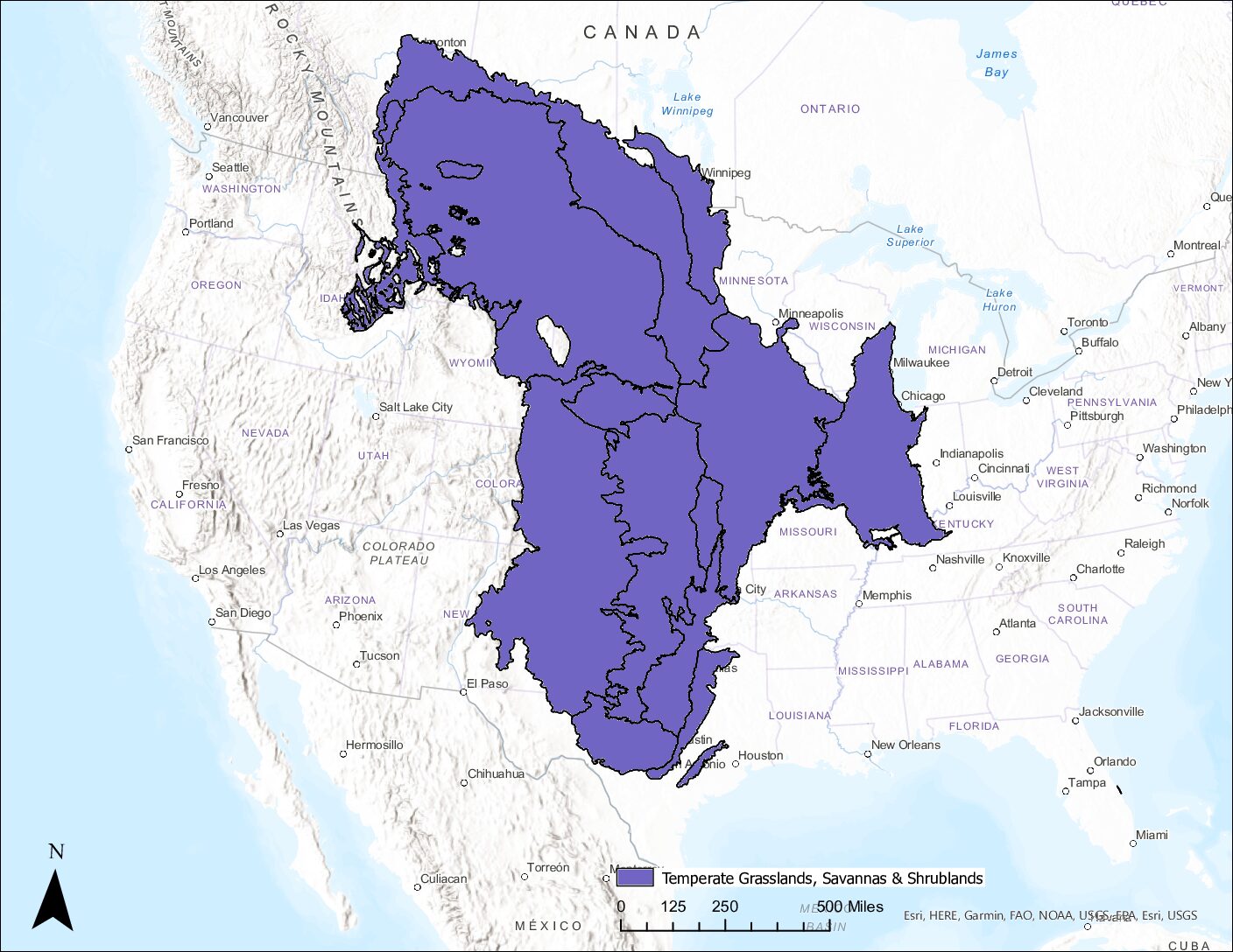 Map of the contiguous United States, northern Mexico, and southern Canada, with the region covered by prairie shaded purple. Prairie extends from southern Canada in the north to Texas in the south and from Idaho in the west to Wisconsin, Indiana, and Kentucky in the east.