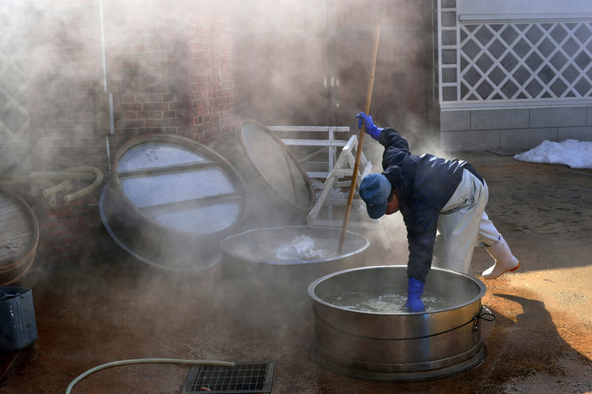 Photograph of a person reaching down into a large bucket of hot water, as part of the sake brewing process.