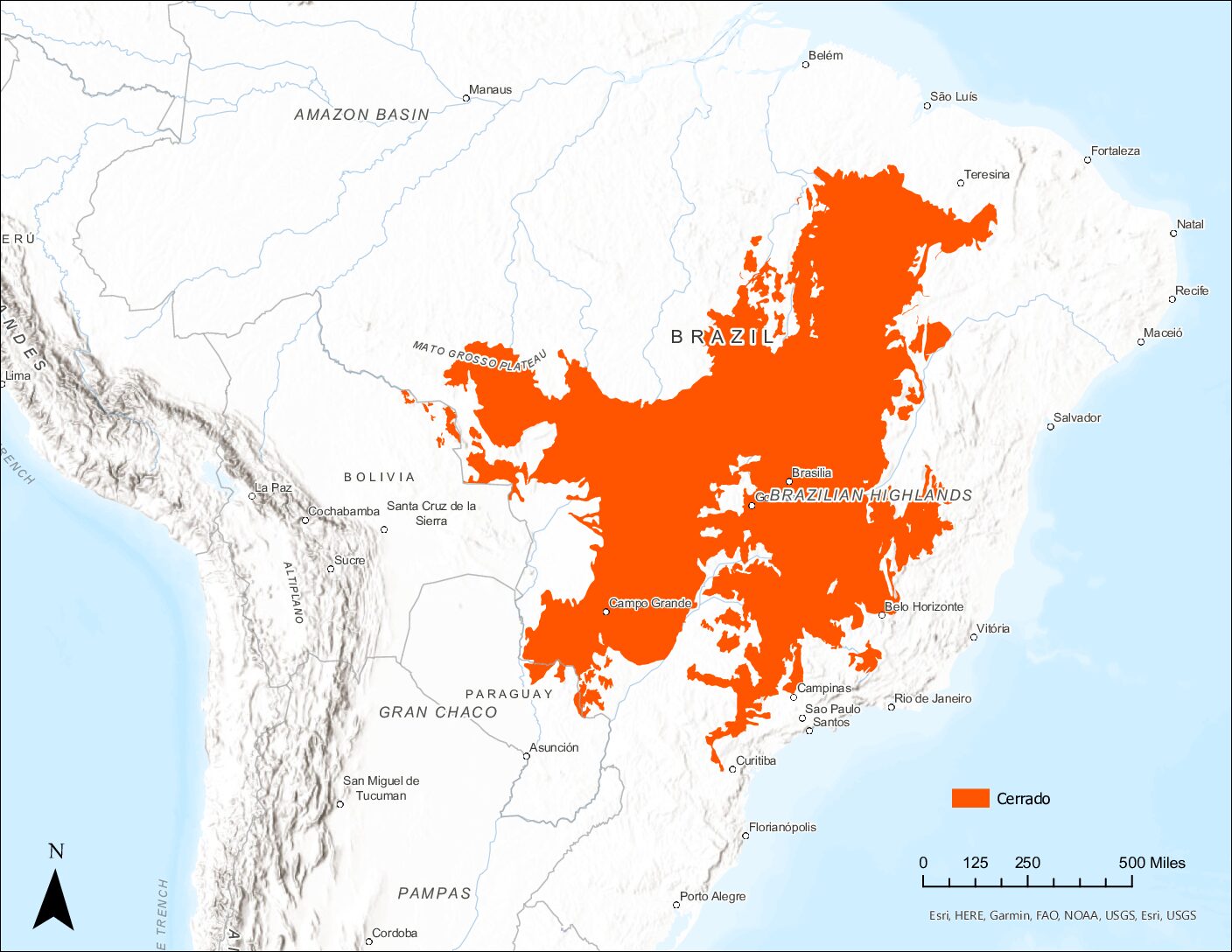 Map showing the northern part of South America centered on Brazil. The region of the cerrado is shaded dark orange. The region covers a large part of southern to northeastern Brazil.