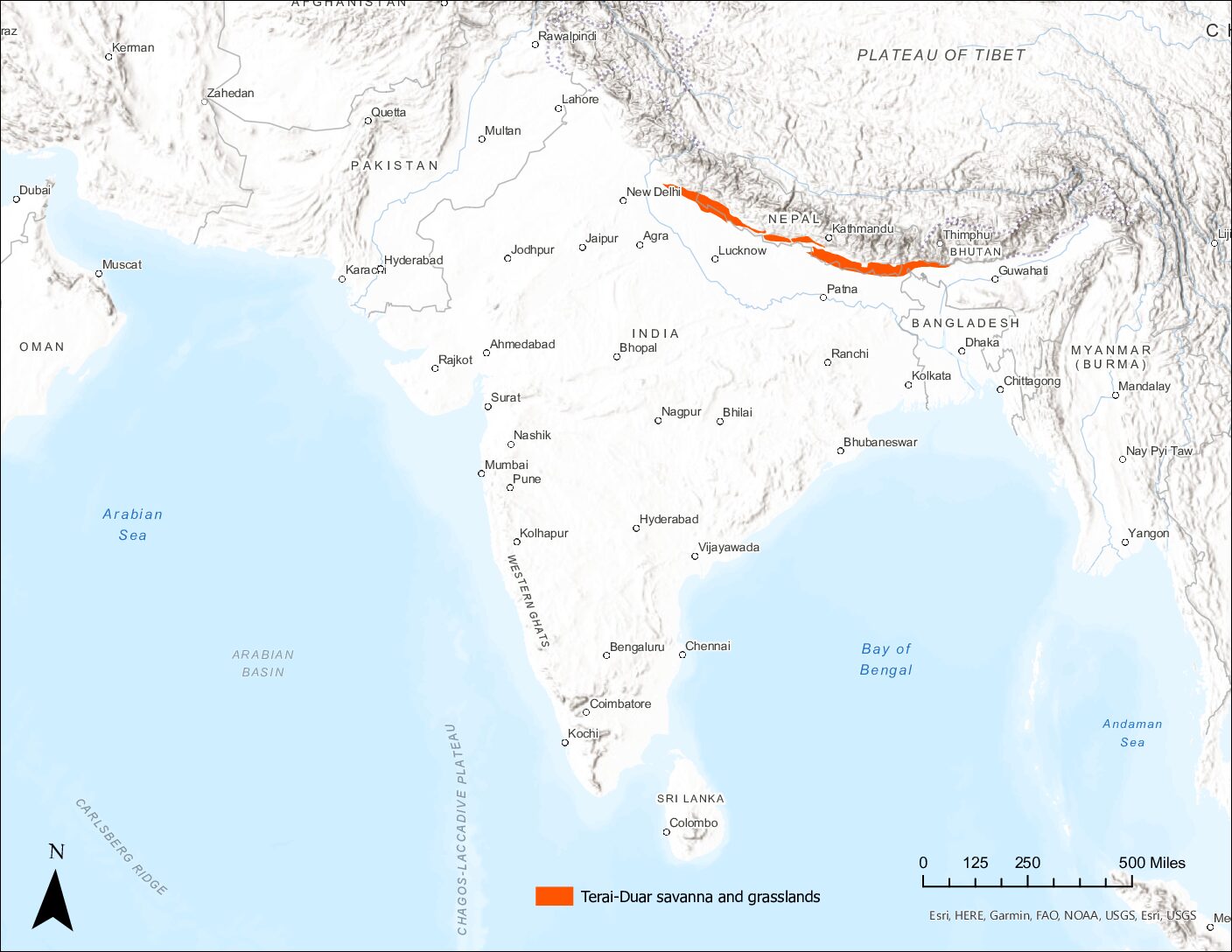 Map of the sub-himalayan grasslands of India. The map shows the Terai-Duar savanna and grasslands region, which is shaded orange. The region is a think strip of land that occurs just south of the Himalayan Mountains.