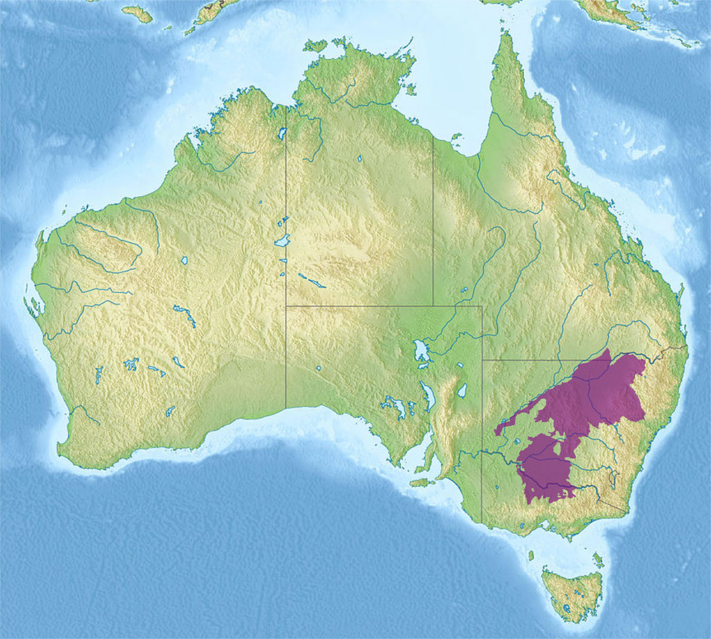 Map of Australia with the temperate savanna region shaded purple. This region is an irregularly shaped region in southeastern Australia.
