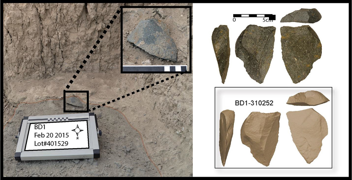 3-panel image of early stone tools from Ethiopia, dating to from about 2.85 to 2.55 million years ago. Left: Photo of a stone tool as found in an archaeological site. The stone tool is sitting at the bottom of a pit in the soil. Top right: Four views of the same stone tool after excavation. Bottom right: Models of the same stone tool showing four views. The tool appear to be an irregularly shaped rock with one thin-sharp edge.