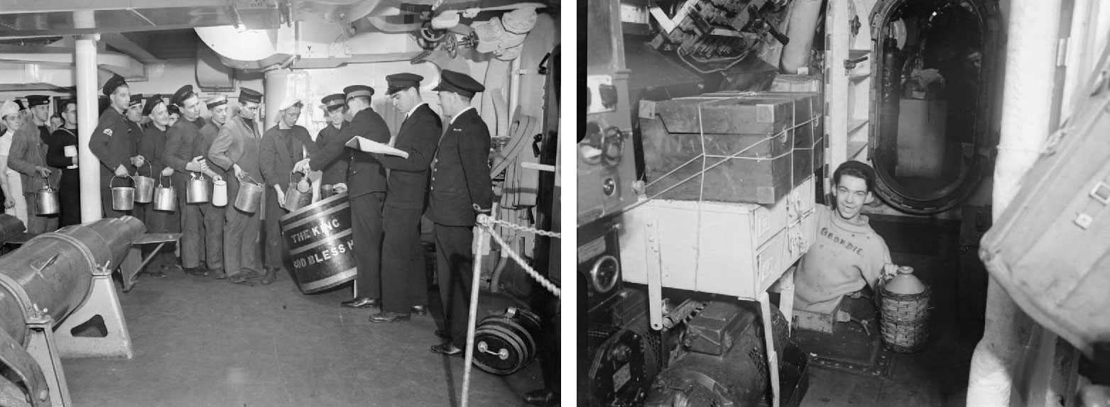 2-panel image showing black and white photos of British sailors receiving their rum rations. Left: Photo of sailors lined up at a large barrel with buckets in hand to receive rum. The barrel says "The King God Bless Him." Right: Photo of a man with wearing a sweatshirt that says "Geordie" and exiting a hatch on a ship while holding a jug form rum. The man is looking at the camera and smiling.