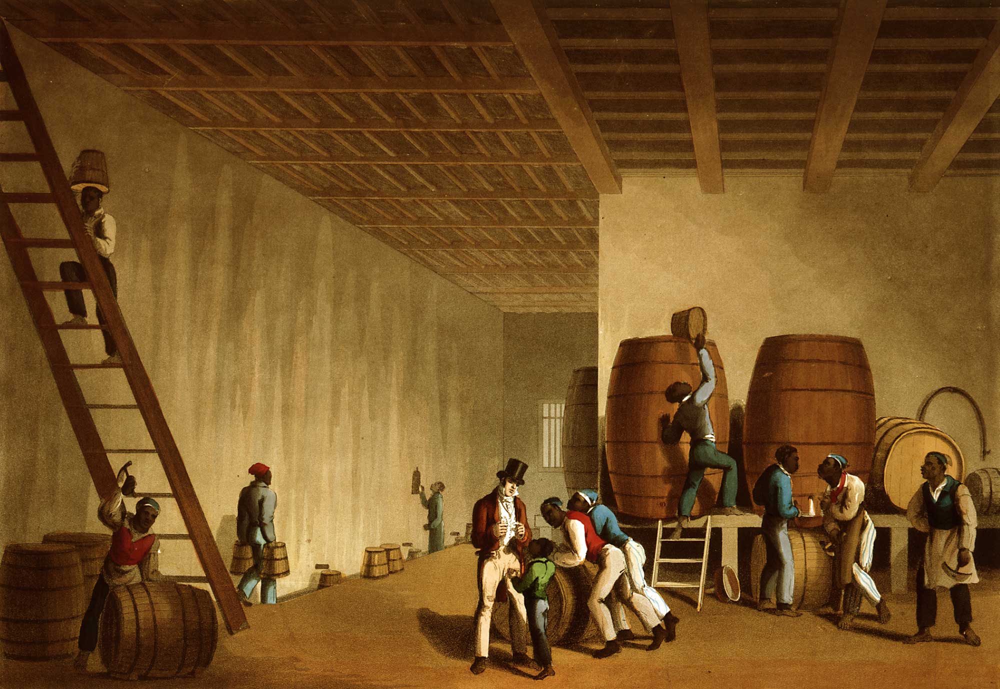 Illustration of rum production in the Caribbean in the early 1800s. The image shows a large room with wooden barrels being filled with rum by enslaved people. In the lower left corner, an enslaved man makes a wood barrel. A white overseer stands in the center of the image with an enslaved child standing in front of him.