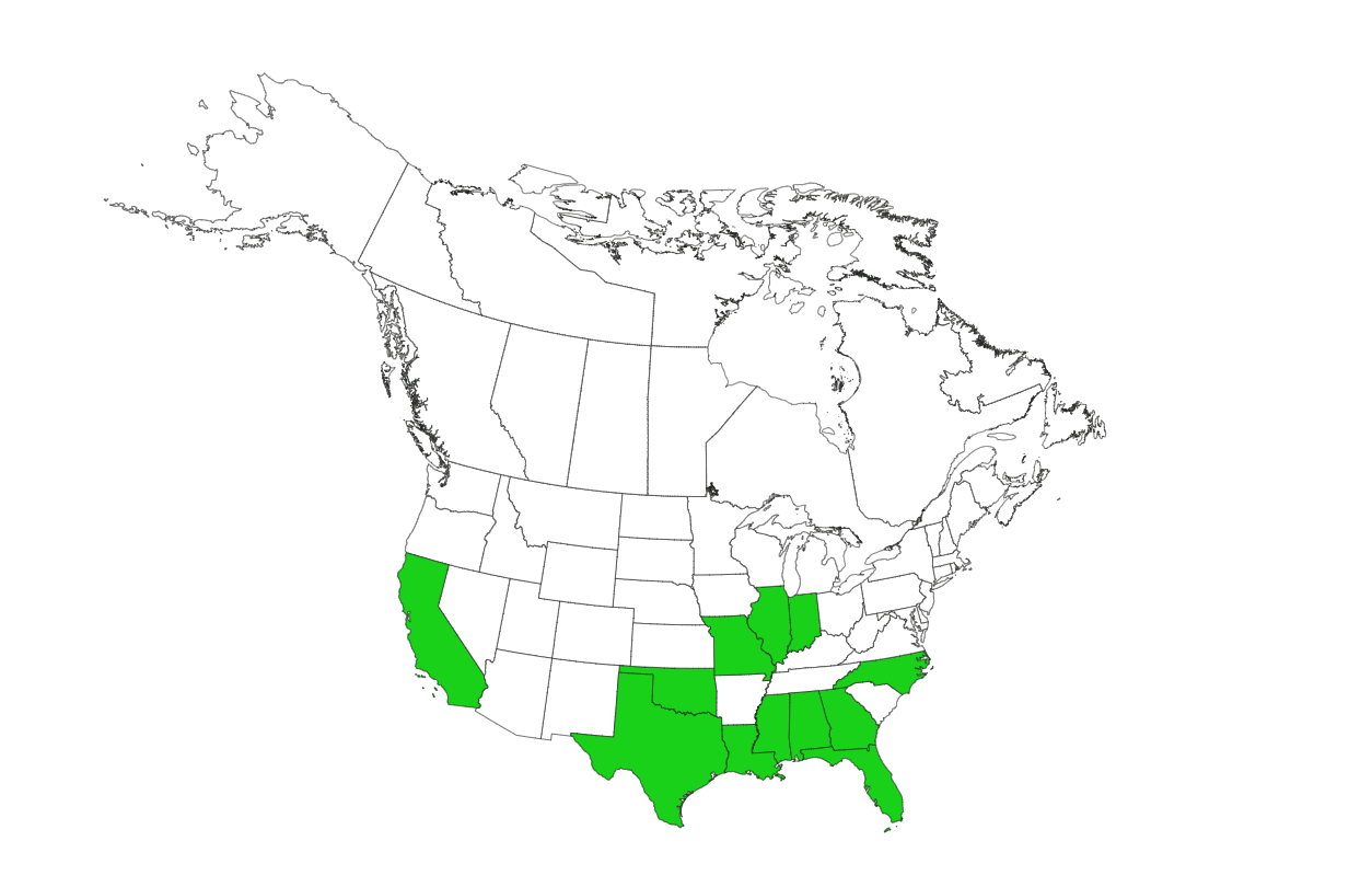 A map of the United States and Canada with several states (mostly in the Southeast) colored green. The rest of the states are not colored in.
