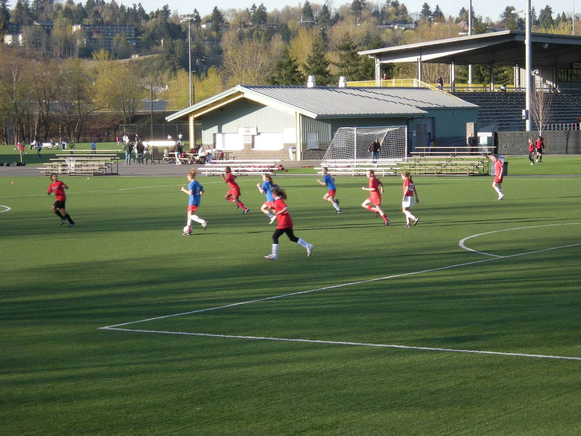 Photograph of girls playing soccer on an artificial turf field.