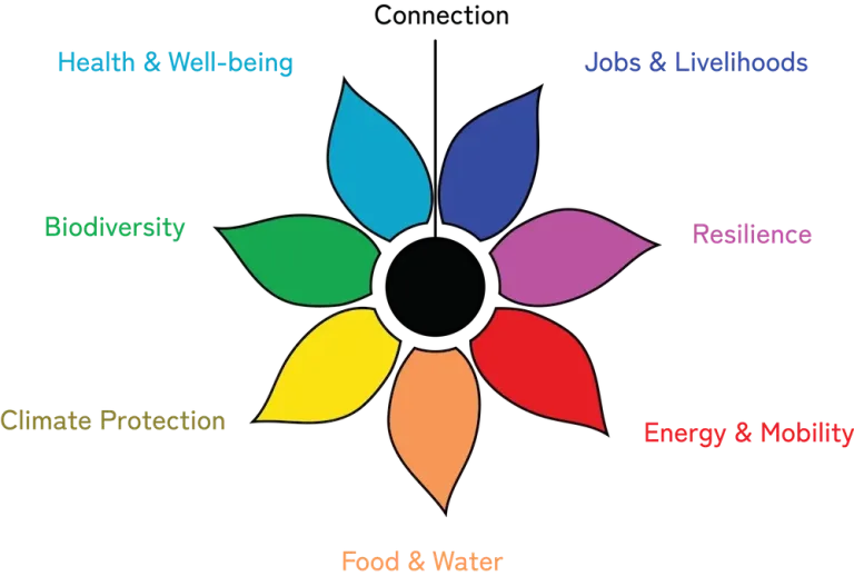 The Multisolving Institute's FLOWER tool, a graphic of a flower with the petals named for the one common co-benefit. FLOWER is an acronym for Framework for Long-Term, Whole-System, Equity-Based Reflection.