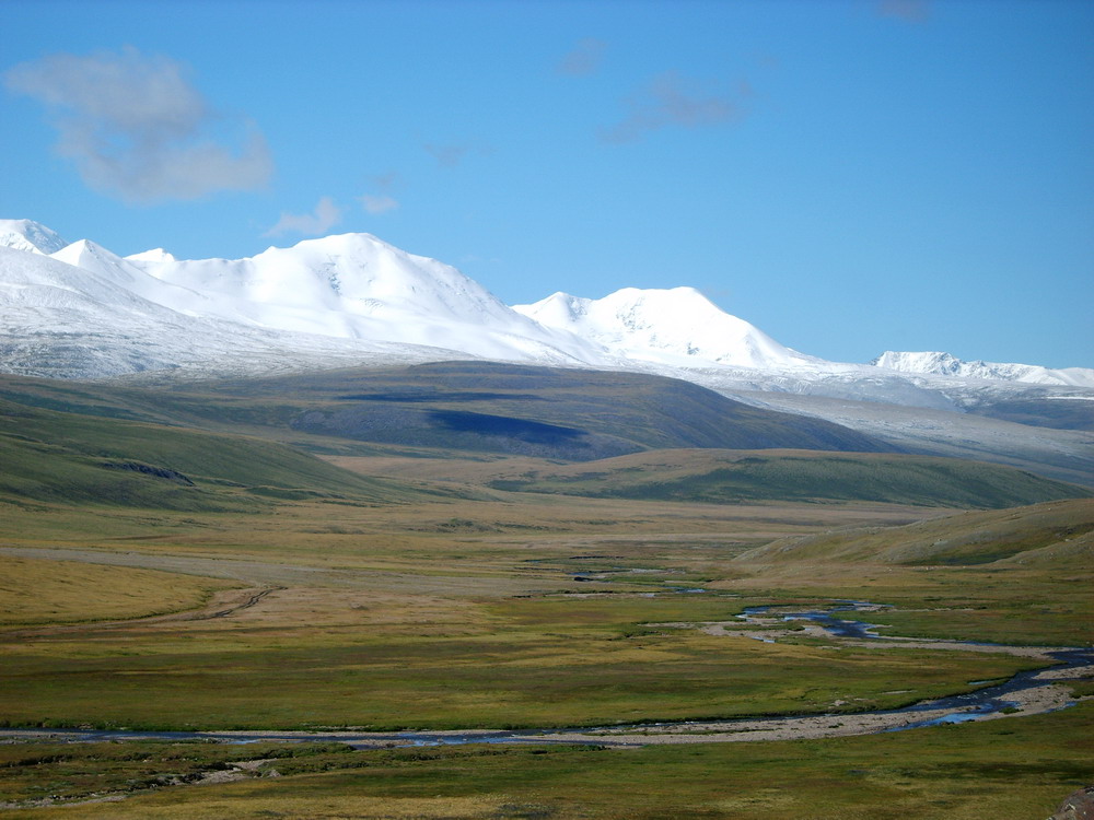 Photograph of the Ukok Plateau in Siberia, Russia. The photo shows a grassland covering rolling hills with a river running through it. Mountains covered in snow rise in the background.