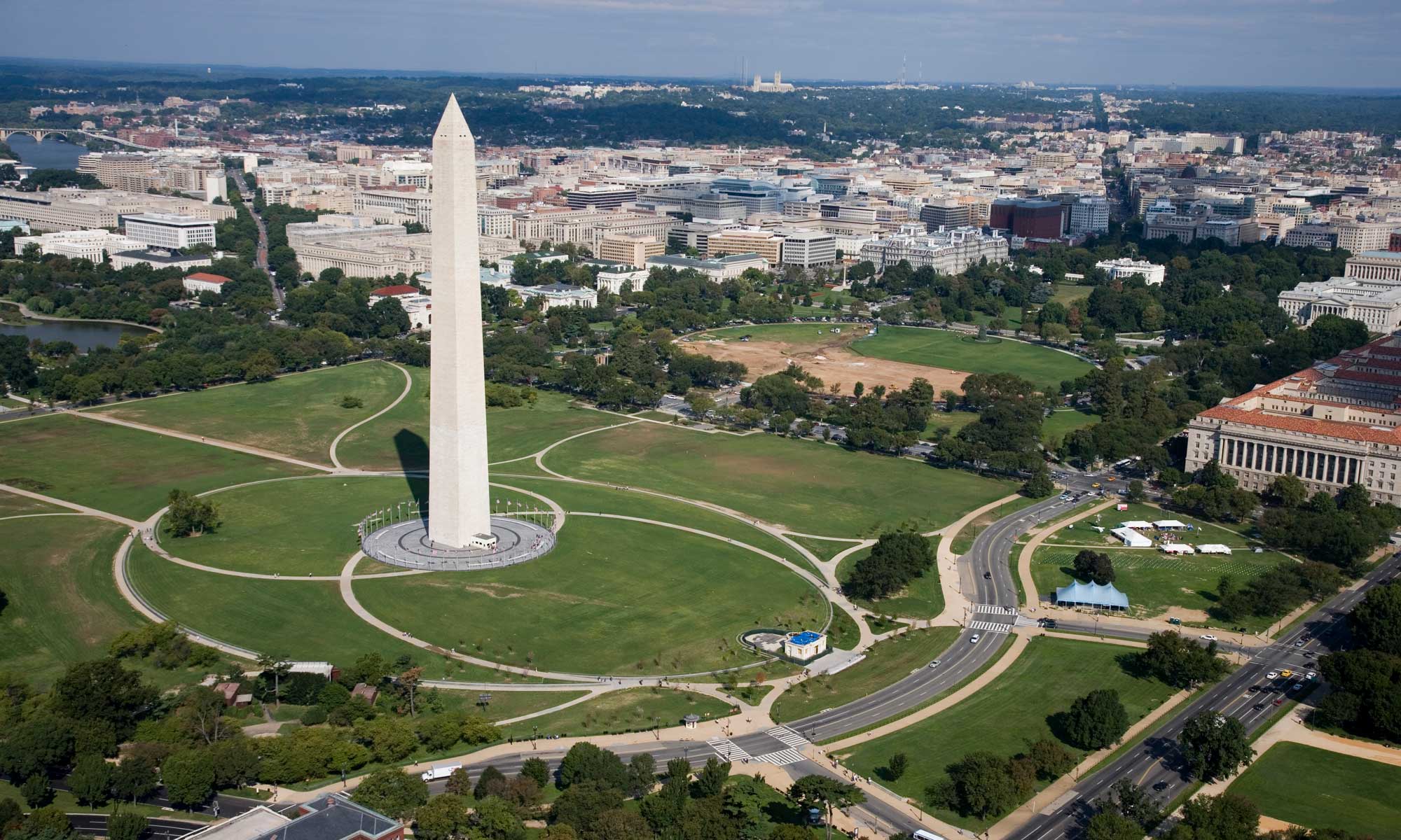 Aerial photograph of the Washington Monument and large surrounding lawns, Washington, D.C.