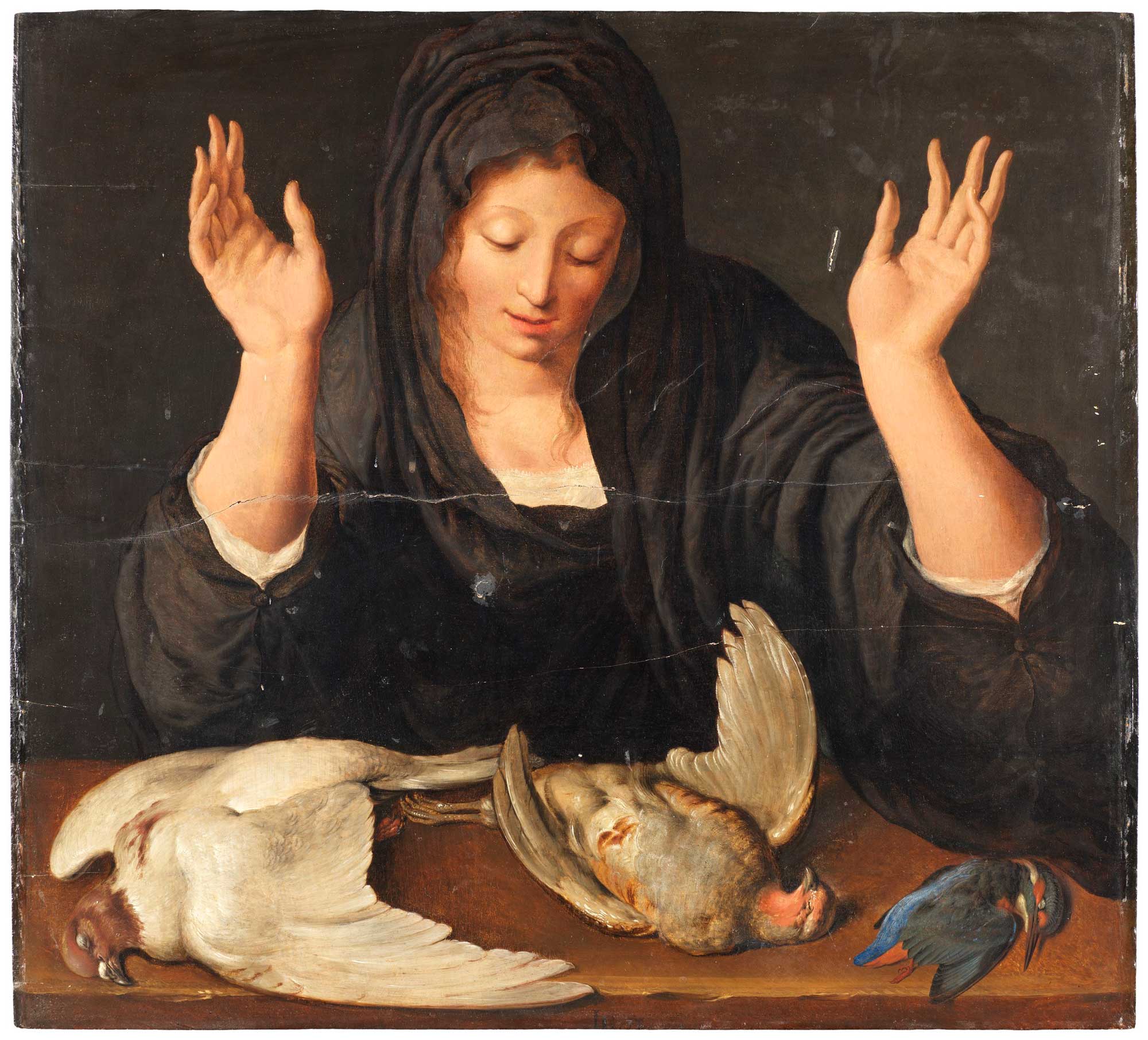 A painting of a young woman mourning a dead dove, a partridge, and a kingfisher by Dutch artist Jacob de Gheyn II, ca. 1620. The painting shows a woman sitting at a table with her hands raised, with the dead birds arrayed in front of her.