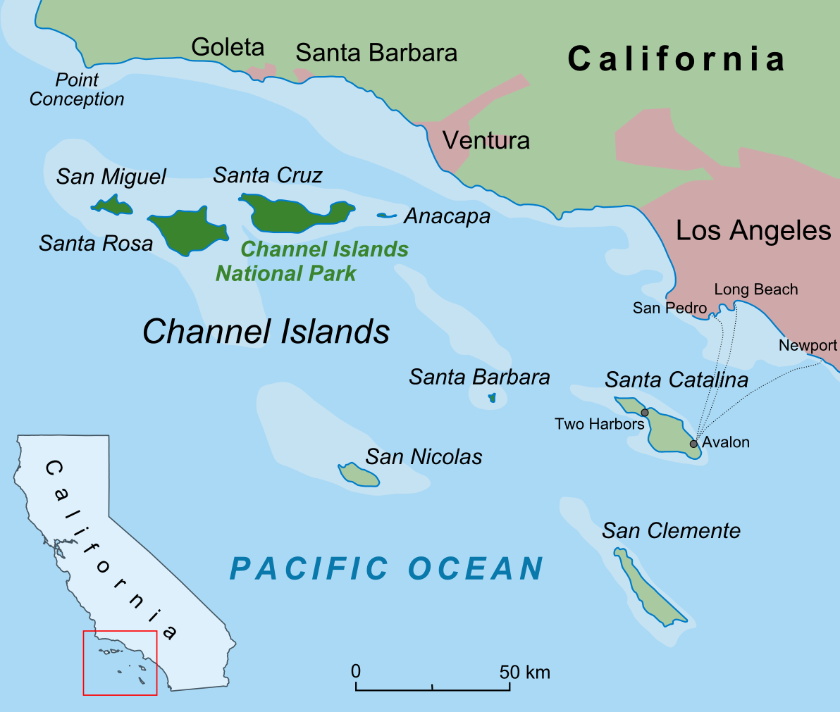 A map of the Channel Islands. The map shows an inset of California with a red box showing the position of the Channel Islands off the southern coast. The larger map shows the islands, with San Miguel, Santa Rosa, Santa Cruz, and Anacapa in the north off the coast of Ventura. Santa Catalina, Santa Barbara, San Nicolas, and San Clemente are to the south near Los Angeles.